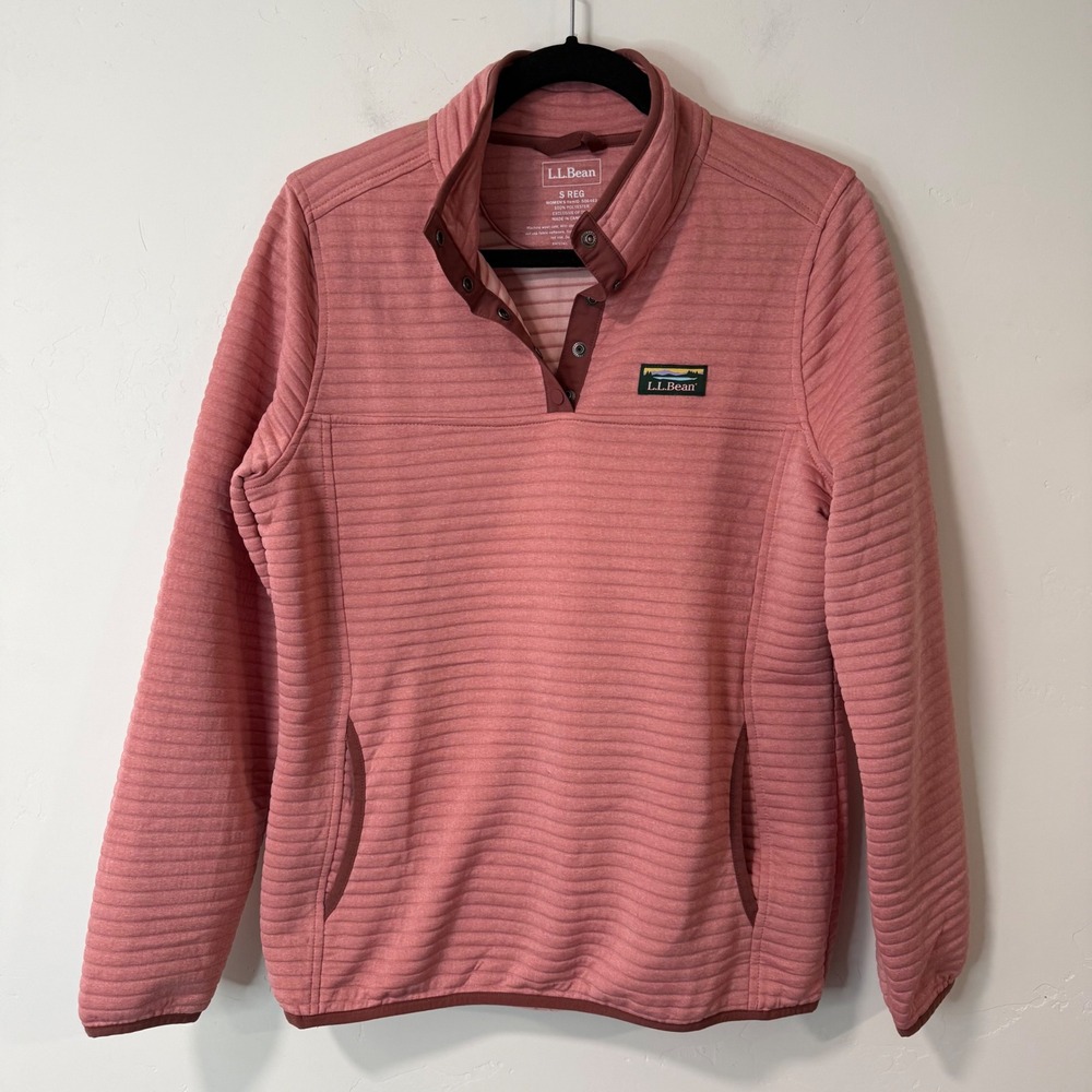 LL Bean Womens Airlight Knit Pullover Quilted Sweatshirt Small Pink Snap 506463
